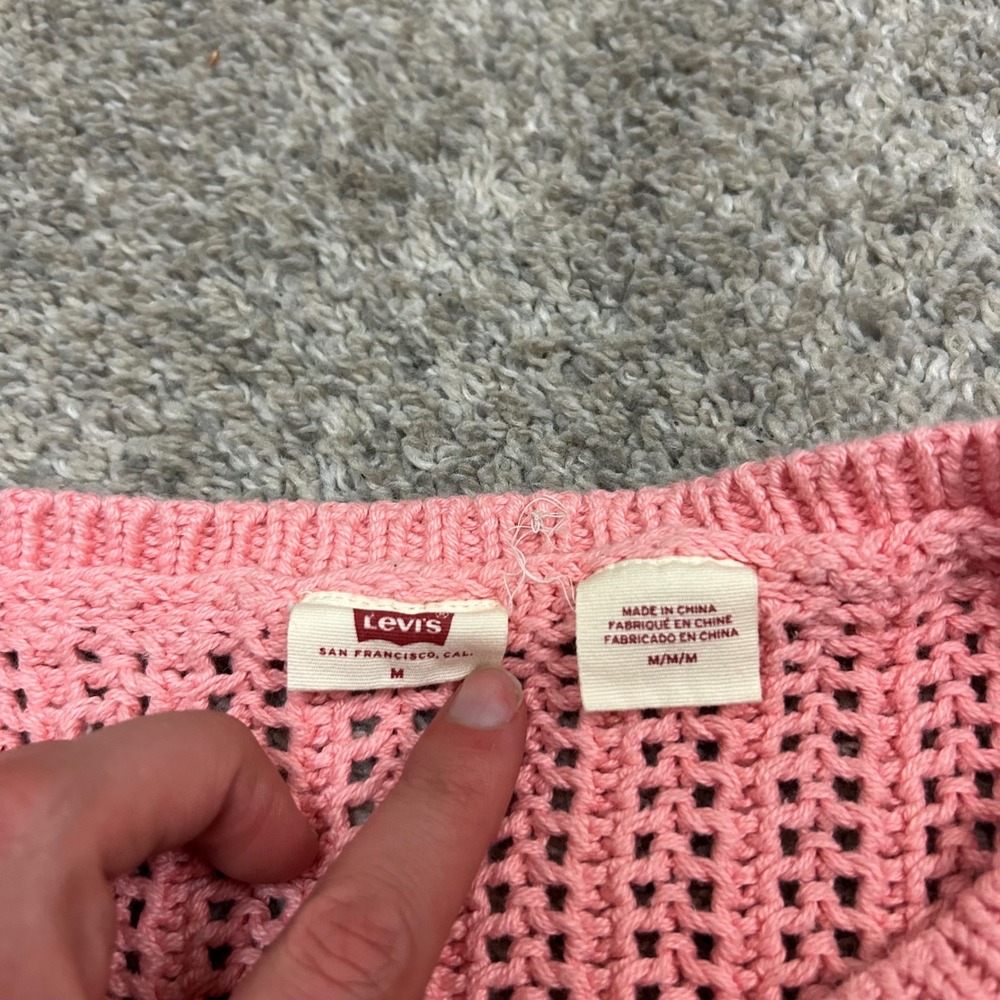 Levi's Sweater Vest Medium Pink Open Knit Crochet Cotton Sleeveless Baby Blue - Picture 2 of 8